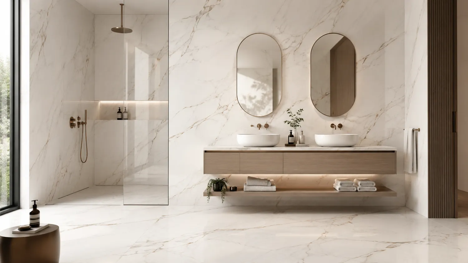 Bagno moderno rivestito in superfici effetto marmo